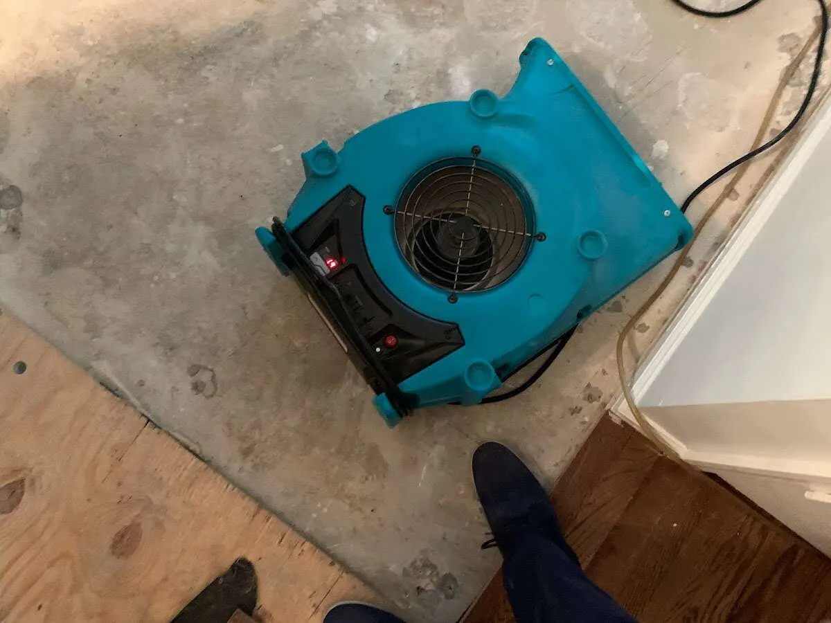 Air mover drying subfloor during Commercial Water Damage Restoration in Larose